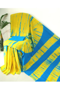 Žluté sárí s azurově modrou batikou, 100% bavlna
