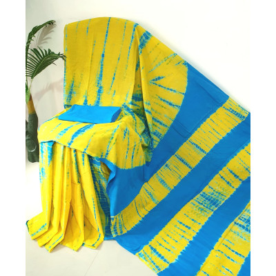 Žluté sárí s azurově modrou batikou, 100% bavlna