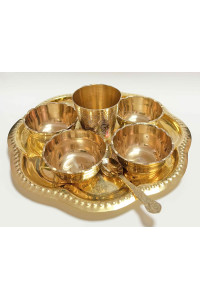 Mosazný talířek s mističkami, pohárkem a lžičkou
